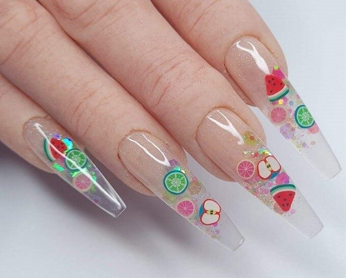 nail design featuring fruit nail art fimo